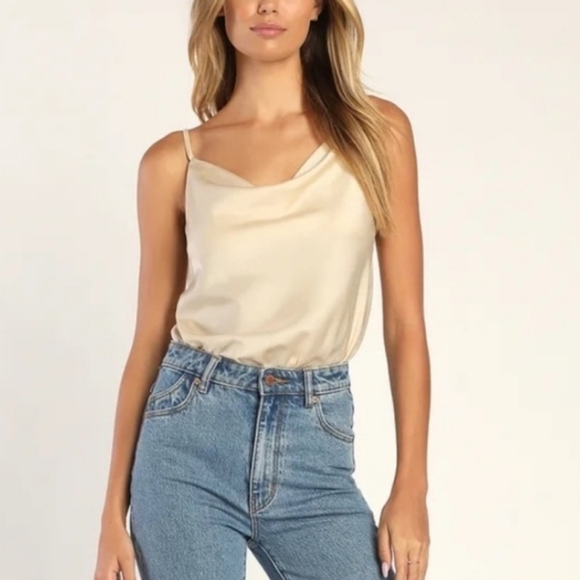 Sincerly Jules Tops - Sincerely Jules gold satin like cowl neck sleeveless bodysuit